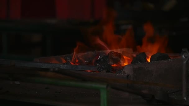 Faíscas e chamas do fogo sendo distribuído no ferreiro, câmera lenta — Vídeo de Stock