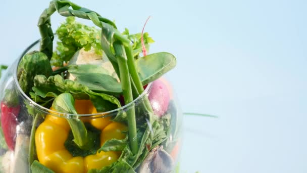 Grande gruppo di verdure su un vaso su sfondo bianco — Video Stock