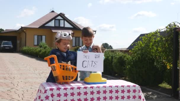 Kinder verkaufen Kätzchen in der Nähe des Hauses — Stockvideo