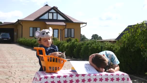 Дети продают котят рядом с домом — стоковое видео