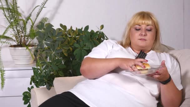 Mulher gorda comer um hambúrguer, assistindo TV e ri — Vídeo de Stock