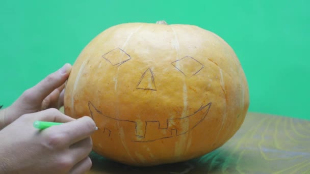 彼のハロウィンのジャック ・ オ ・ ランタンの顔を描く少年のパンかぼちゃ — ストック動画