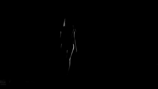 Black and white silhouette of young, sporty and sexy woman in lingerie and dispels the flour — Stock Video