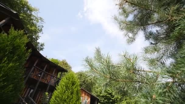 4K casa de madera entre los árboles en la montaña salvaje — Vídeos de Stock