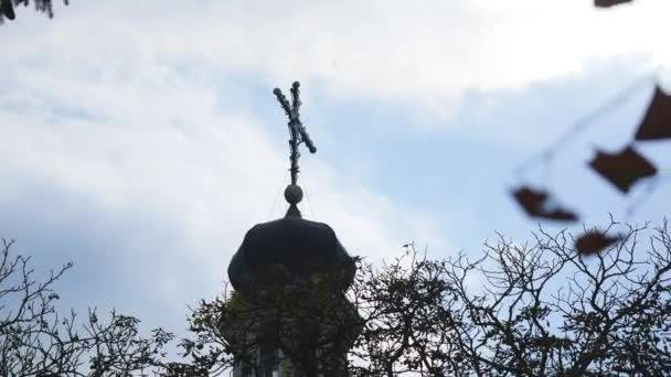 Weiße Wände mit goldenen Kuppeln, Kreuze. blauer Himmel auf einem Hintergrund — Stockvideo