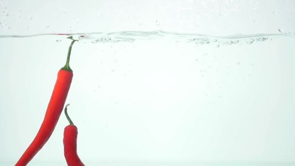 Chili cade in acqua. Rallentatore — Video Stock