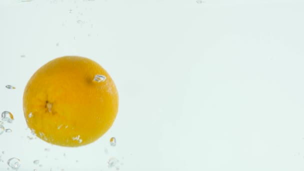 Slo-motion whole orange falling into water — Stock Video