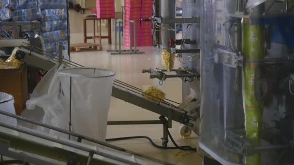 Correia transportadora de uma máquina de dobrar embalagens em uma linha de produção de fábrica . — Vídeo de Stock