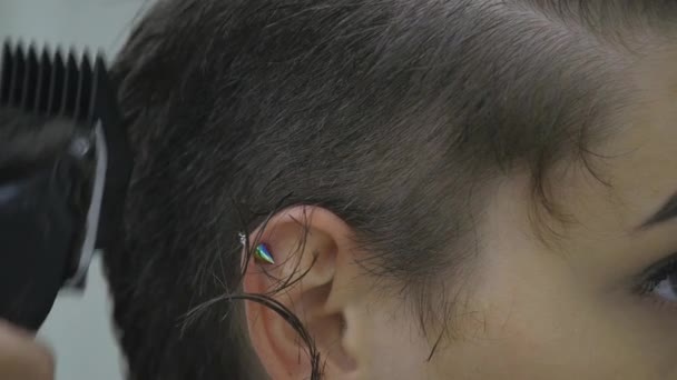 Frisyr på frisörer. Kvinnlig Frisör forma womens hår i en stil genom att skära. närbild — Stockvideo