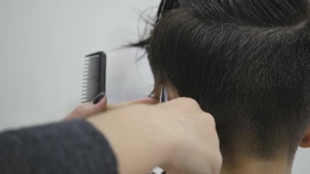 La peluquera de las mujeres hace peinar su cabello en el pelo corto. cámara lenta — Vídeos de Stock