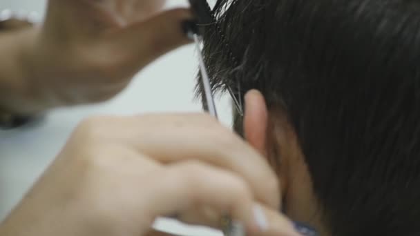 Le coiffeur de femmes fait coiffer ses cheveux sur les cheveux courts. au ralenti — Video