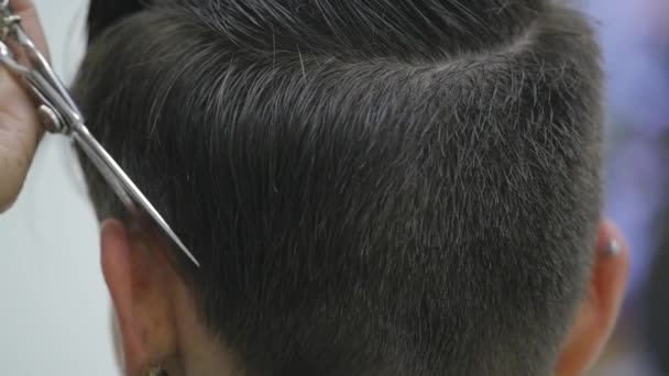 Die Friseurin der Frau frisiert ihre Haare auf kurzen Haaren. Zeitlupe — Stockvideo