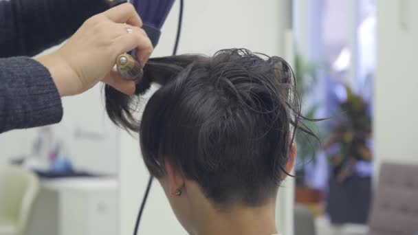 Mladá žena v kadeřnictví dostat ránu její vlasy vysuší — Stock video