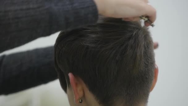 La peluquera de las mujeres hace peinar su cabello en el pelo corto — Vídeo de stock