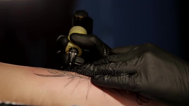 Close up tattoo artist demuestra el proceso de hacer tatuajes con pintura. guantes estériles. Maestro de tatuaje de circuito de relleno de tatuaje en un salón profesional — Vídeo de stock