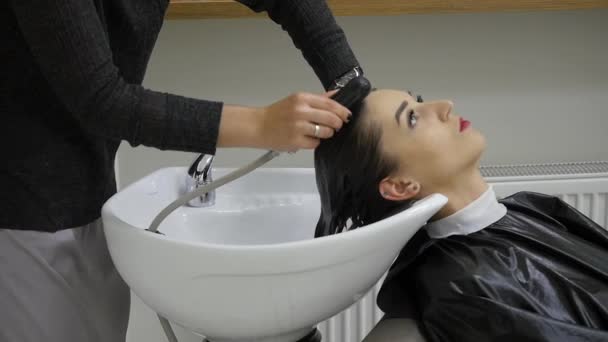 Coiffeur laver les cheveux d'un client dans un bassin moderne dans son salon de coiffure comme elle se prépare à coiffer et couper ses cheveux. gros plan — Video