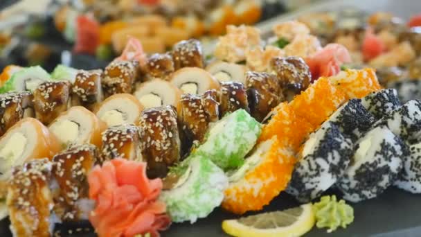 Sushi rolki zestaw na płycie — Wideo stockowe