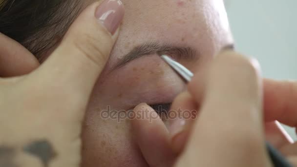 Vista de cerca de las manos de los maquilladores usando pincel para pintar cejas para un modelo con pestañas falsas — Vídeos de Stock