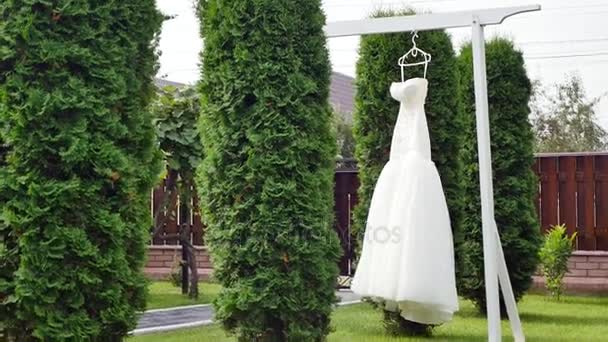 Vestido de novia blanco colgando de un árbol verde, vestido de dama de honor blanco colgando entre las ramas de un árbol — Vídeos de Stock