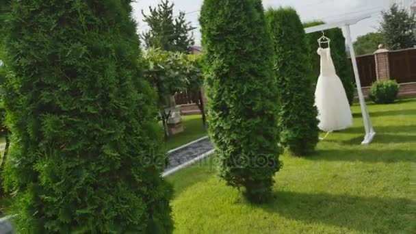 Vestido de novia blanco colgando de un árbol verde, vestido de dama de honor blanco colgando entre las ramas de un árbol — Vídeos de Stock