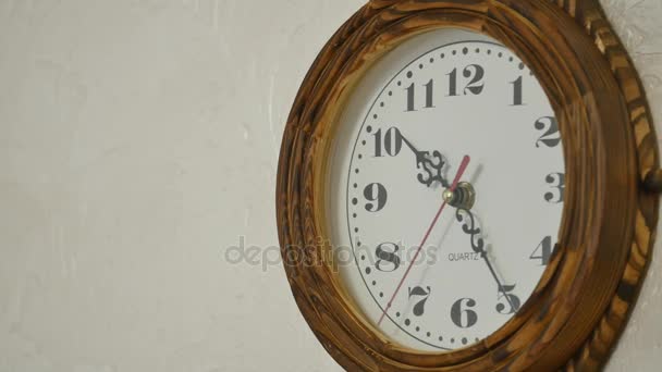 Vintage wooden wall clock, close up — Stock Video