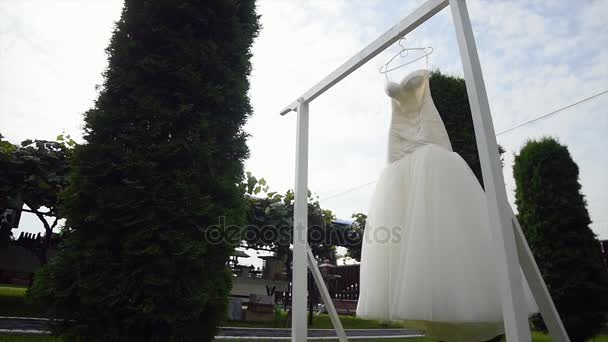 Vestido de novia blanco colgando de un árbol verde, vestido de dama de honor blanco colgando entre las ramas de un árbol — Vídeos de Stock