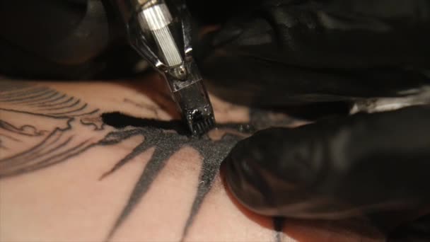 Tatoeëerder maken tattoo in studio, tatoeage op het lichaam. Close-up. — Stockvideo