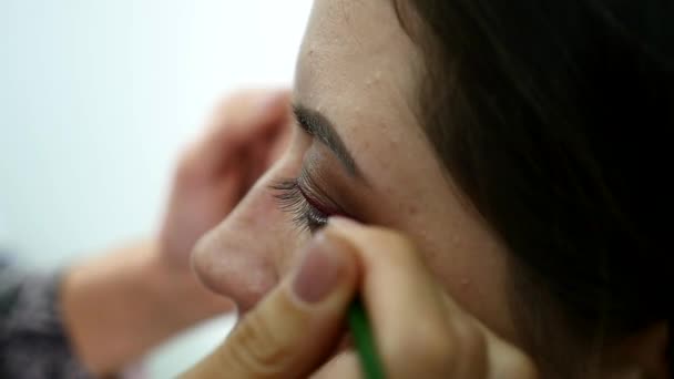 Maquillaje artista aplicando maquillaje de pestañas a los modelos de ojo. Vista de cerca — Vídeos de Stock
