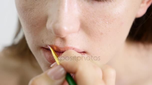 Vista de perto de um artista de maquiagem profissional aplicando batom em modelos de lábios que trabalham na indústria da moda de beleza. Vista de perto de uma mão de artistas usando escova especial. câmara lenta — Vídeo de Stock
