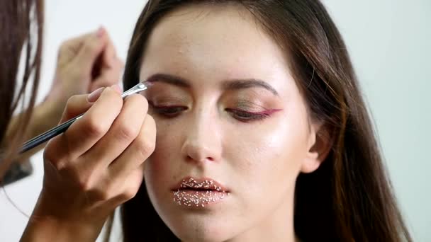 Artista de maquiagem pinta uma jovem menina sobrancelhas escuro pintura profissional. câmara lenta — Vídeo de Stock