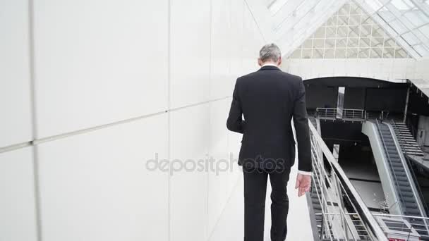 L'uomo d'affari cammina nel balcone del business center. ripresa indietro — Video Stock