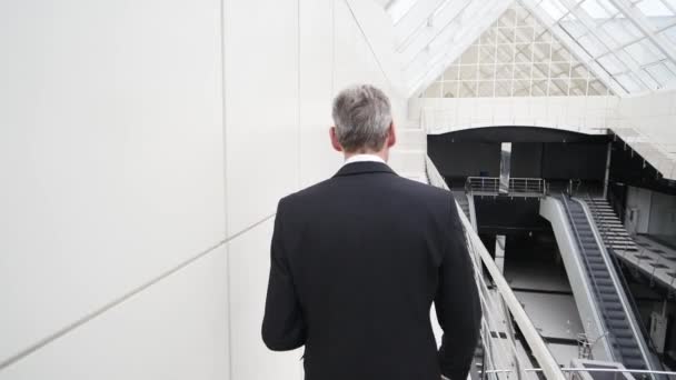 Der Geschäftsmann betritt den Balkon des Business Centers. Zurückschießen — Stockvideo