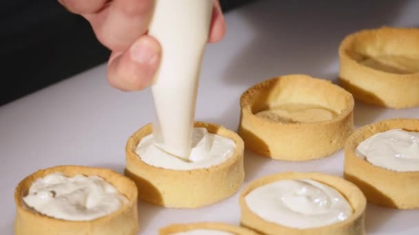 Confitería que crea cupcakes por jeringa de confitería. de cerca — Vídeos de Stock