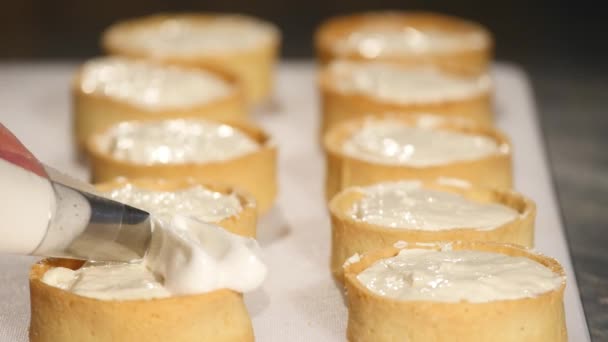 Confitería que crea cupcakes por jeringa de confitería. de cerca — Vídeos de Stock