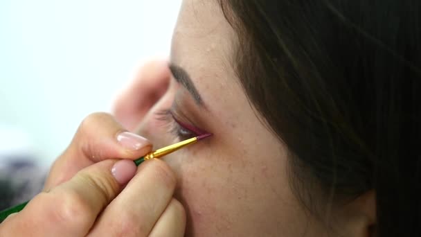 Make-up artist εφαρμογή μακιγιάζ των βλεφαρίδων στο μάτι μοντέλα. Κλείνω πάνω θέα — Αρχείο Βίντεο