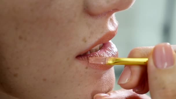 Pandangan closeup dari seorang seniman tata rias profesional menerapkan lipstik pada model bibir yang bekerja di industri fashion kecantikan. Tampilan close up dari tangan seniman menggunakan kuas khusus. gerak lambat — Stok Video