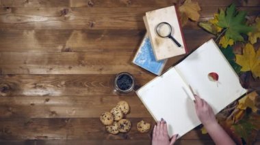 Sonbahar konsepti üstten görünüm. Kitaplar, akçaağaç yaprakları, eski ahşap tabloda çay. Not defterinde yazma kadın