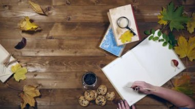 Sonbahar konsepti üstten görünüm. Kitaplar, akçaağaç yaprakları, eski ahşap tabloda çay. Not defterinde yazma kadın