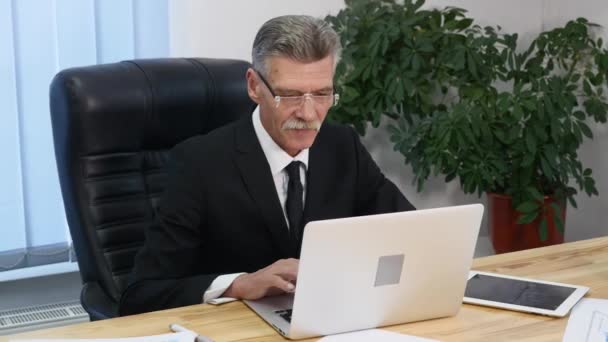 高齢者の実業家が近代的なオフィス内のコンピューターでの作業 — ストック動画