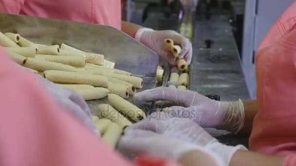 工人们把食物饼干装进容器, 包里。杂货零售商和配送 — 图库视频影像