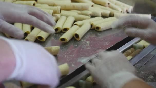 Lavoratore confezionare il cibo - biscotti in contenitori, confezioni. Negozi e distribuzione di generi alimentari — Video Stock