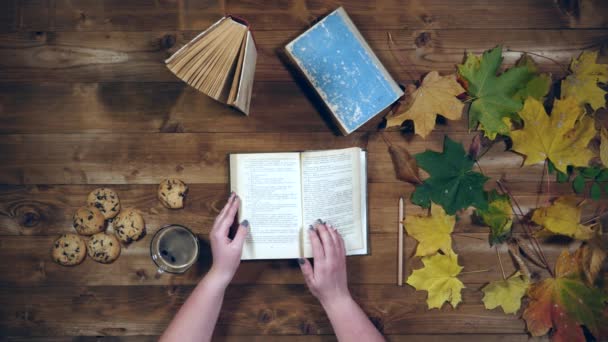 Höstens koncept ovanifrån. Böcker, lönnlöv, te på den gamla träbord. Kvinna skriva anteckningar i anteckningsboken — Stockvideo