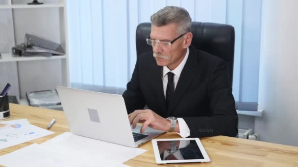 Osoby w podeszłym wieku biznesmen pracy z komputerem w nowoczesnym biurze — Wideo stockowe