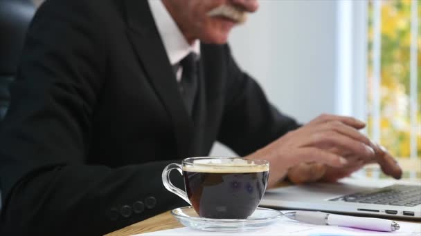 Businessman drinks coffe while watching the laptop screen — Stock Video