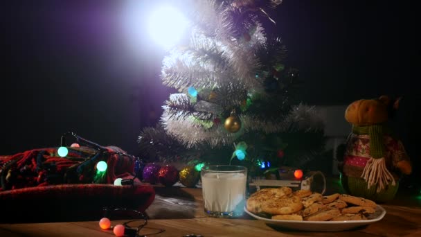 Weihnachten Urlaub Hintergrund, Weihnachten Tisch Hintergrund mit geschmückten Weihnachtsbaum und Girlanden. Leere Winterurlaubszimmer — Stockvideo