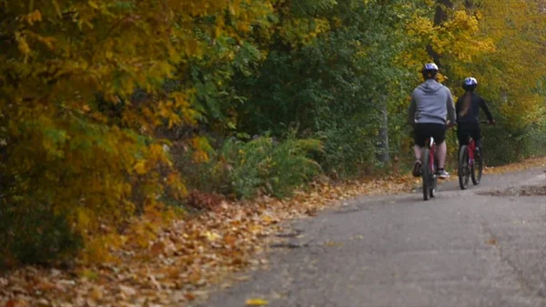 Eine Frau und ein Mann, die an einem Herbsttag Fahrrad fahren — Stockfoto