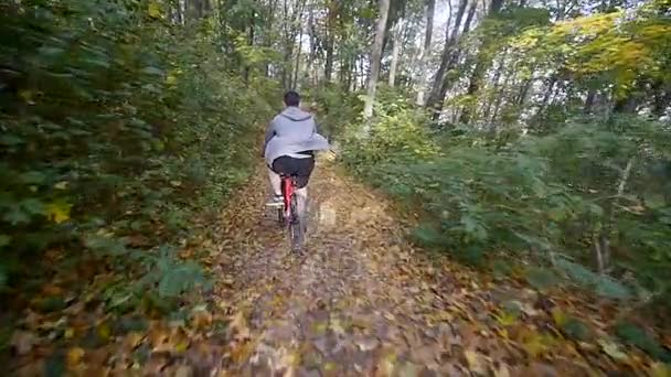 Człowiek na rowerze jeździ w przeszłości w lesie. Człowiek na rowerze jeździ w przeszłości w lesie. zwolnionym tempie — Wideo stockowe