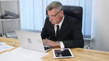 yaşlı işadamı modern ofis içinde bilgisayar ile çalışma