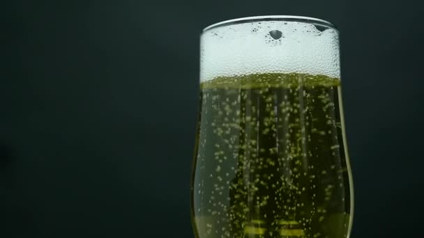 Glaasje champagne met bubbels geïsoleerd op zwarte achtergrond — Stockvideo