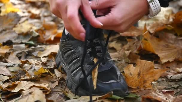 Donna in forma attiva che lega le scarpe nel parco. rallentatore — Video Stock